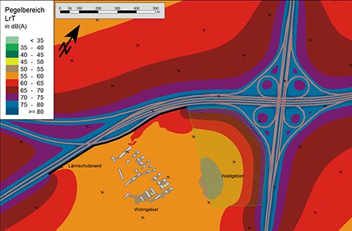 Map of rating level distribution, calculated according to 16th BImSchV, on a highway junction